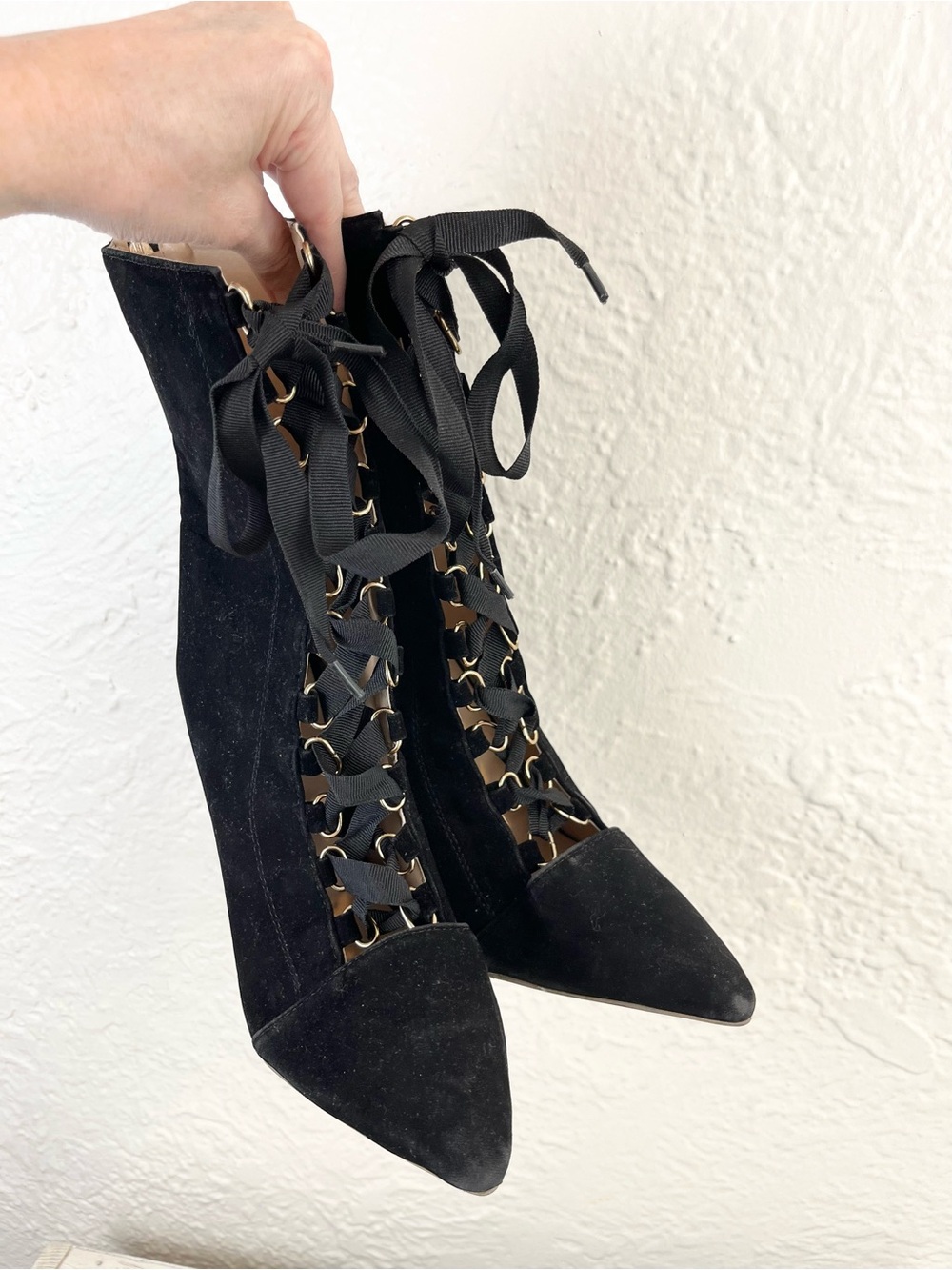 Black Velvet Faux Suede Lace Up Boots Witchy Gothic Heeled Victorian 40 9 - Picture 2 of 14